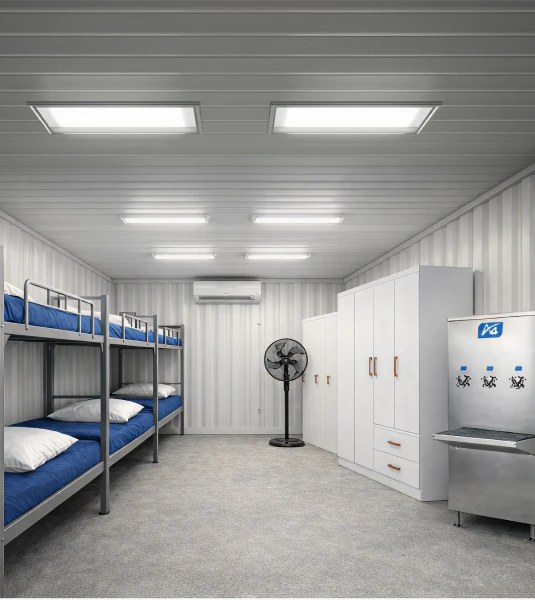 Quarto de Alojamento com camas, armários e bebdouro industrial